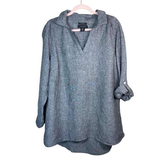 TAHARI 100% Linen Top Blouse Sz 1X Popover Hi-lo Hem V-Neck Boho Blue Lagenlook - Picture 1 of 11
